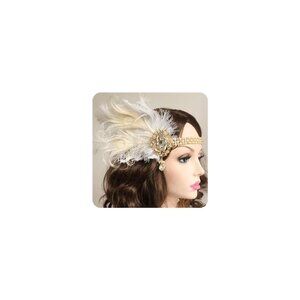 Bridal Flapper Feather Headband with Crystal Pearl Head Chain Women Wedding